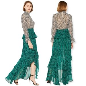 Misa Los Angeles Lucia Crepe Chiffon Ruffle Emerald Green Snake Print Maxi Skirt
